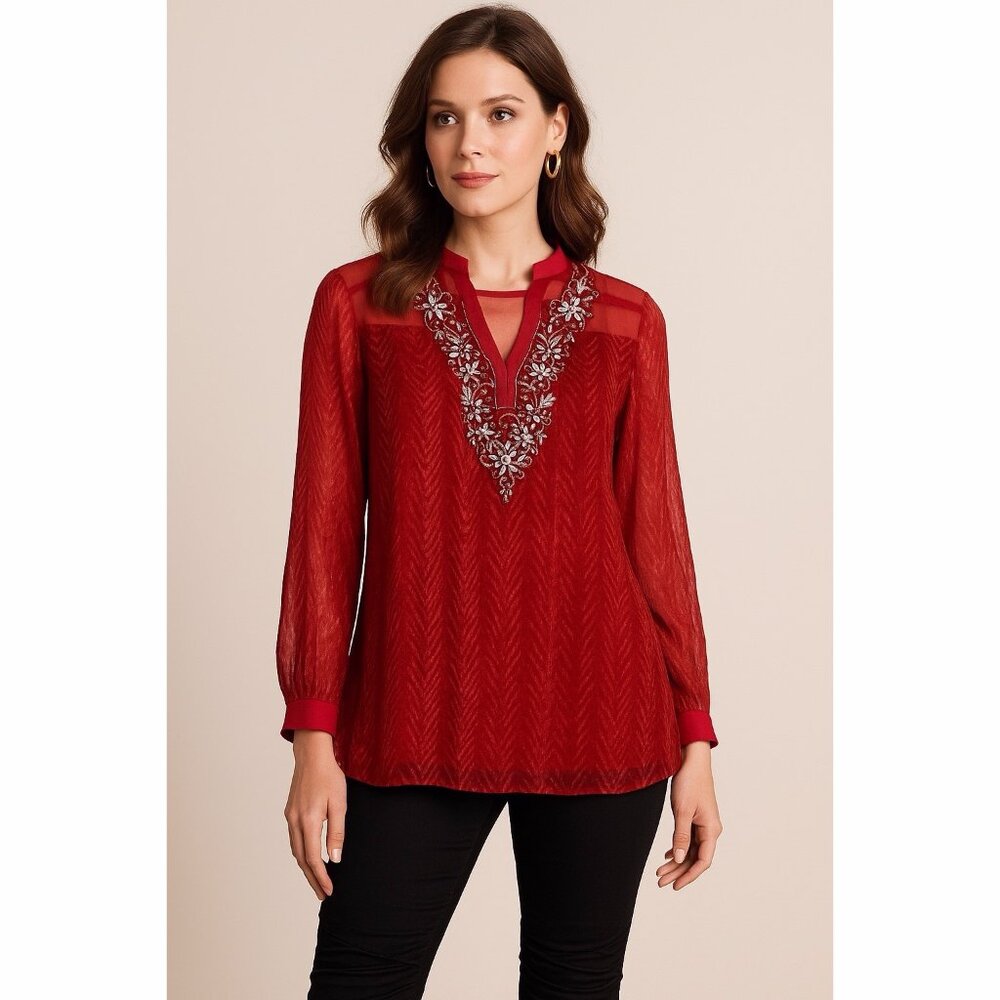Soft Surroundings Embroidered Beaded Sheer Crimson Red Top Size SP Holiday Party